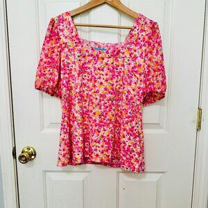 CECE BOHO PHEASANT FLORAL PRINTS SHEER SLEEVE SQUARE NECK BLOUSE BARBIECORE
